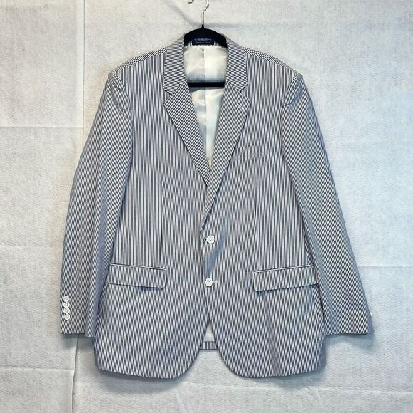 ALAN FLUSSER Blazer Suit Jacket Men's Size 46L Navy White Striped Notched Lapel - Picture 1 of 12